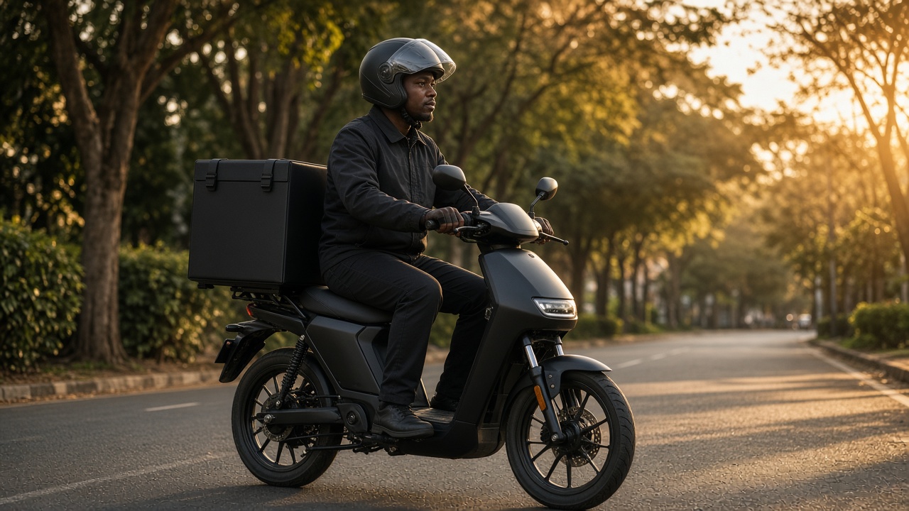 Sharp Girl rider on an electric bike with a sealed, unbranded delivery box on a Nairobi street