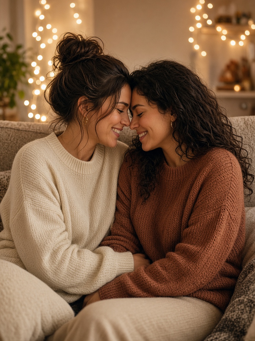 Loving lesbian couple cuddling on a sofa — adult toys for women who love women in Kenya