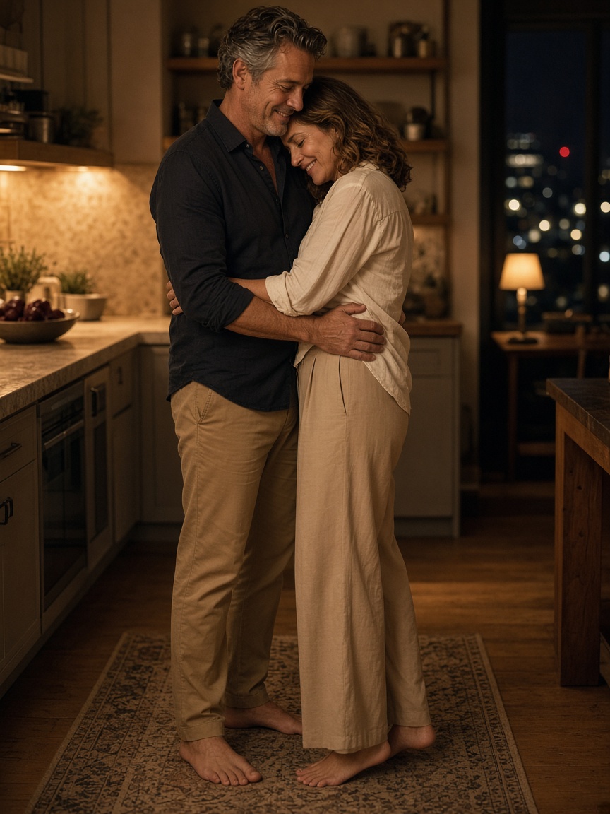 Mature couple slow dancing in a warm kitchen — rekindle intimacy with rose toys